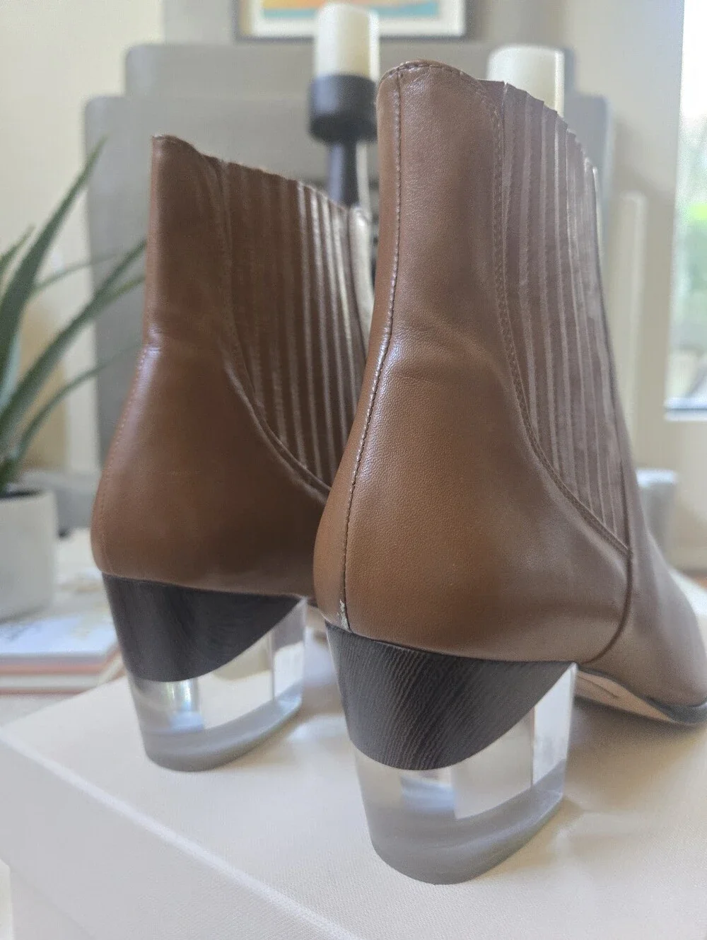*Birman* Bravo Ankle Bootie with Clear Block Heel In Cognac Leather - Size 9/40